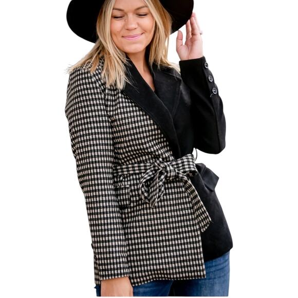 NEW LA Coalition Size M Black White Tie Belted Jacket Wrap Me Up Houndstooth - Picture 1 of 14